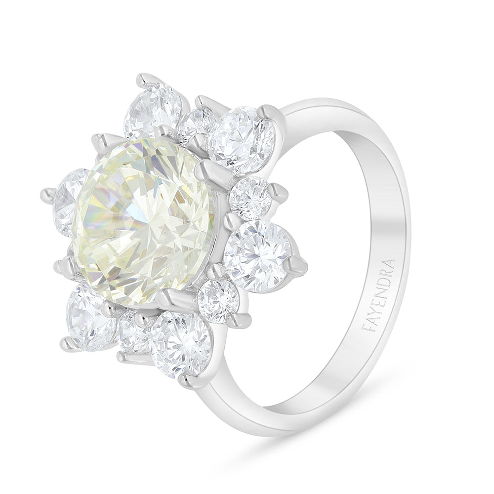 خاتم من الفضة الخالصة عيار 925 مطلي روديوم مرصع بالزركون الكناري الالماسي و فص ابيض