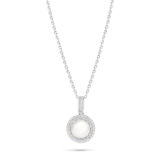 Sterling Silver 925 Necklace Rhodium Plated Embedded With Natural White Pearl And White Zircon