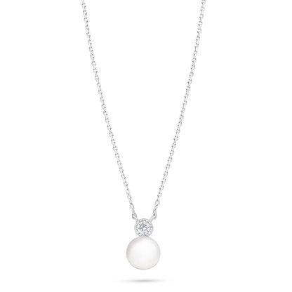 Sterling Silver 925 Necklace Rhodium Plated Embedded With Natural White Pearl And White Zircon