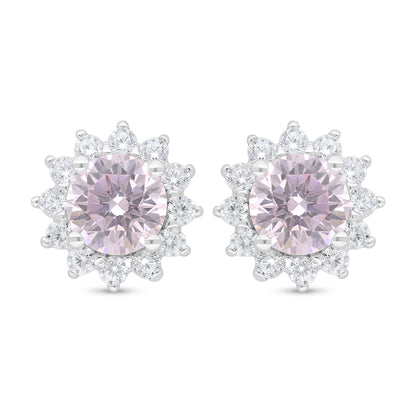 Sterling Silver 925 Earring Rhodium Plated Embedded With Pink Zircon And White Zircon