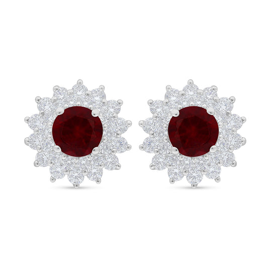 Sterling Silver 925 Earring Rhodium Plated Embedded With Ruby Corundum And White Zircon