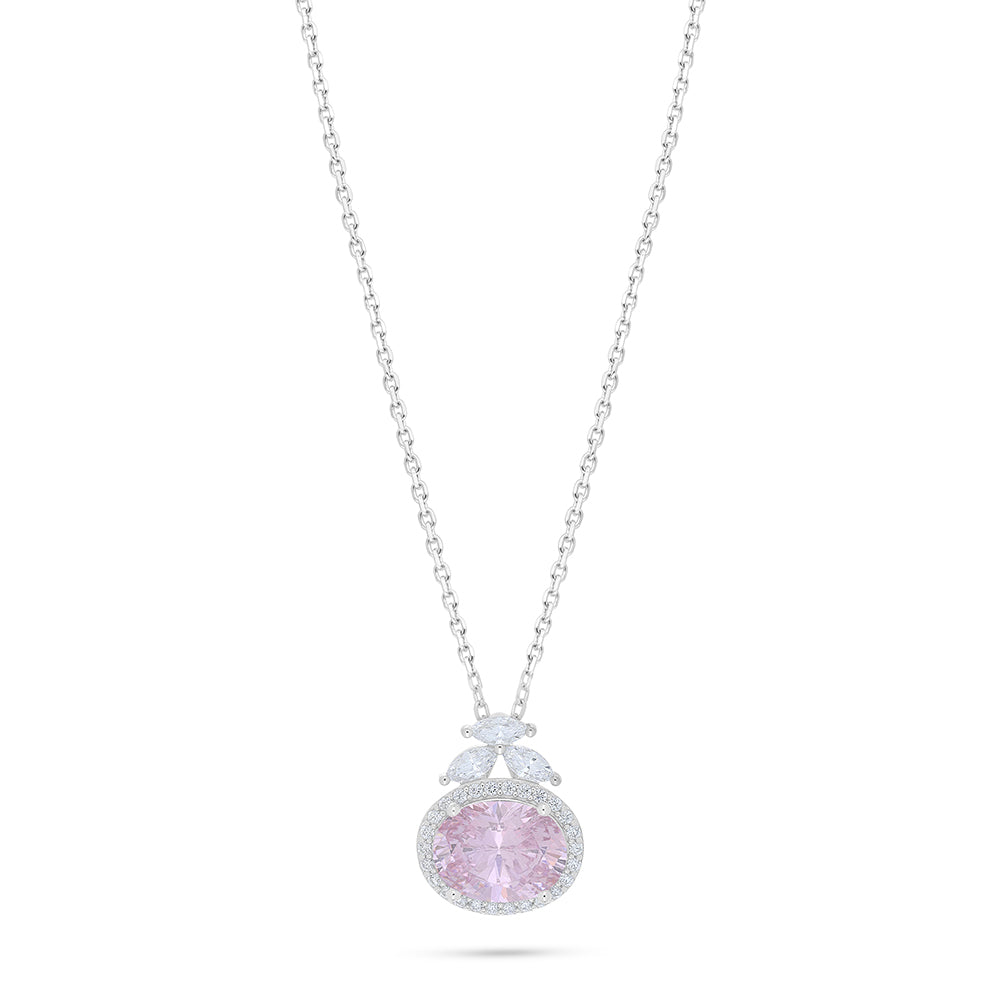 Sterling Silver 925 Necklace Rhodium Plated Embedded With pink Zircon And White Zircon