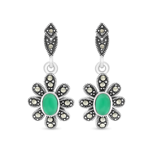 Sterling Silver 925 Earring Embedded With Natural Green Agate And Marcasite Stones