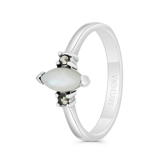 Sterling Silver 925 Ring Embedded With Natural White Shell And Marcasite Stones