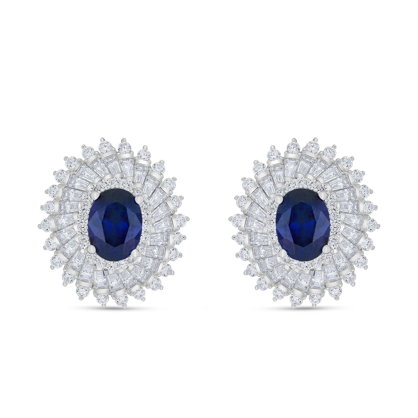 Sterling Silver 925 Earring Rhodium Plated Embedded With Sapphire Corundum And White Zircon