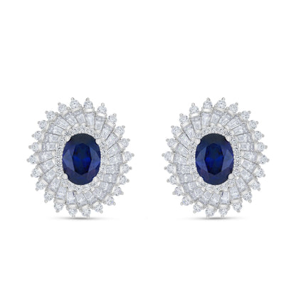 Sterling Silver 925 Earring Rhodium Plated Embedded With Sapphire Corundum And White Zircon