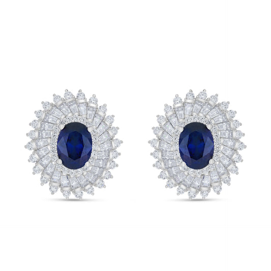 Sterling Silver 925 Earring Rhodium Plated Embedded With Sapphire Corundum And White Zircon