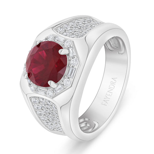 Sterling Silver 925 Ring Rhodium Plated Embedded With Ruby Corundum And White Zircon For Men