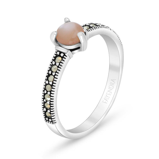 Sterling Silver 925 Ring Embedded With Natural Pink Shell And Marcasite Stones