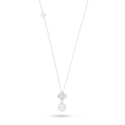 Sterling Silver 925 Necklace Rhodium Plated Embedded With Natural White Pearl And White Zircon