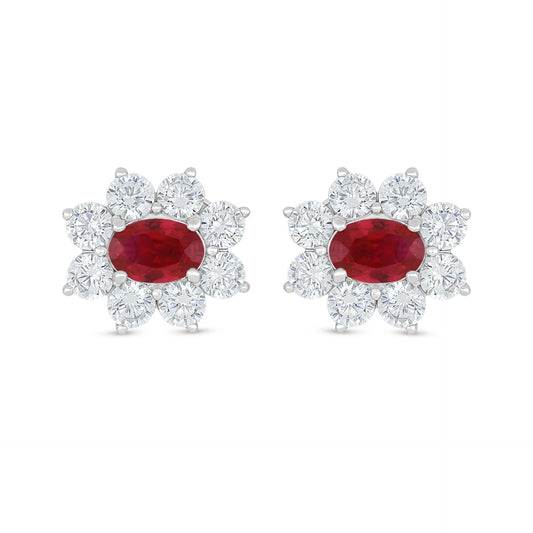 Sterling Silver 925 Earring Rhodium Plated Embedded With Ruby Corundum And White Zircon