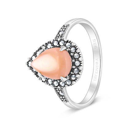 Sterling Silver 925 Ring Embedded With Natural Pink Shell And Marcasite Stones