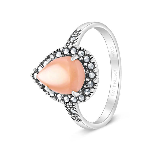 Sterling Silver 925 Ring Embedded With Natural Pink Shell And Marcasite Stones