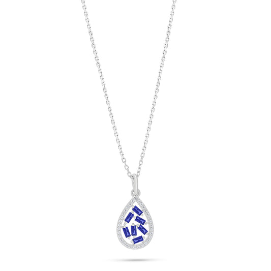 Sterling Silver 925 Necklace Rhodium Plated Embedded With Sapphire Corundum And White Zircon