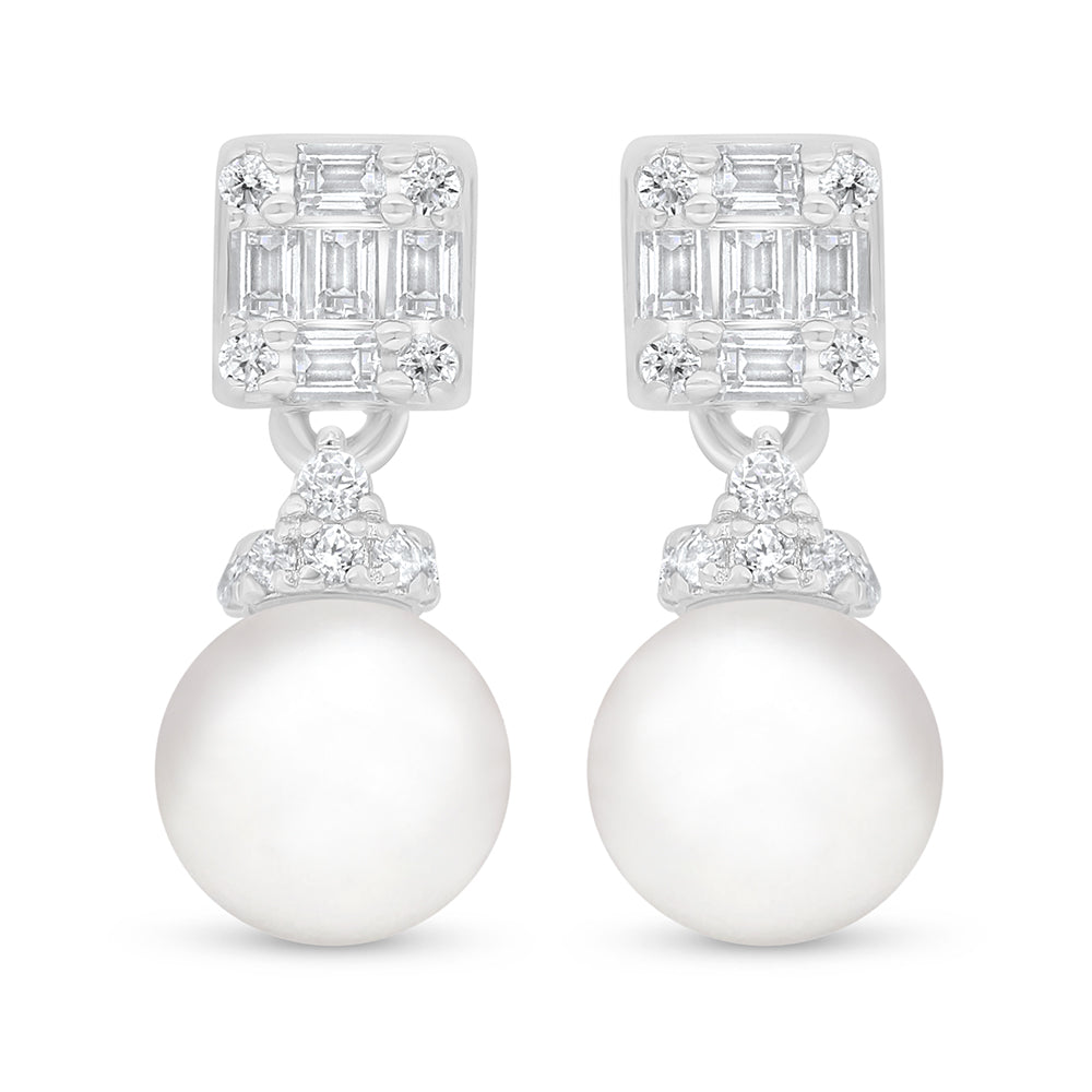 Sterling Silver 925 Earring Rhodium Plated Embedded With Natural White Pearl And White Zircon