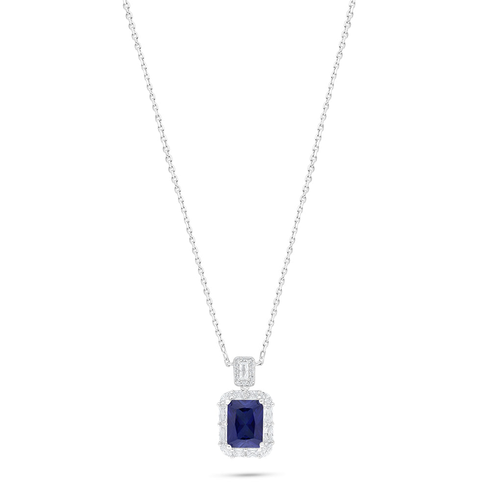 Sterling Silver 925 Necklace Rhodium Plated Embedded With Sapphire Corundum And White Zircon