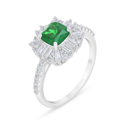 Sterling Silver 925 Ring Rhodium Plated Embedded With Emerald Zircon And White Zircon