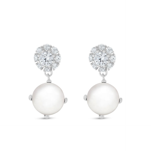 Sterling Silver 925 Earring Rhodium Plated Embedded With Natural White Pearl And White Zircon
