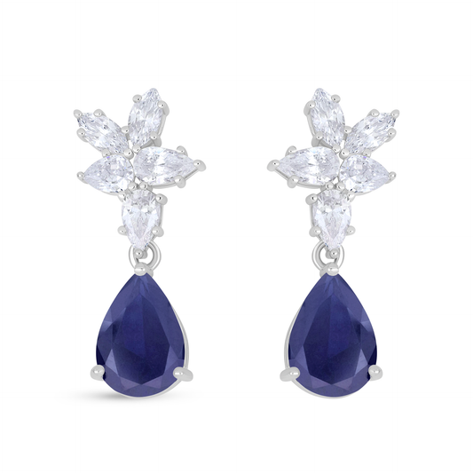 Sterling Silver 925 Earring Rhodium Plated Embedded With Sapphire Corundum And White Zircon