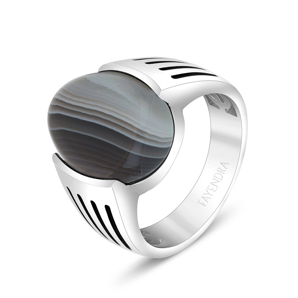 Sterling Silver 925 Ring Rhodium And Black Plated Embedded With Cabochon Botswana Agate For Men