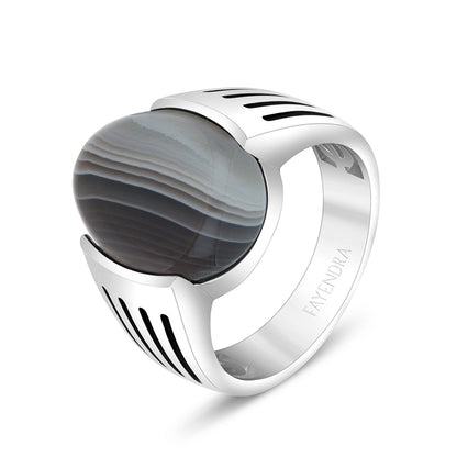 Sterling Silver 925 Ring Rhodium And Black Plated Embedded With Cabochon Botswana Agate For Men