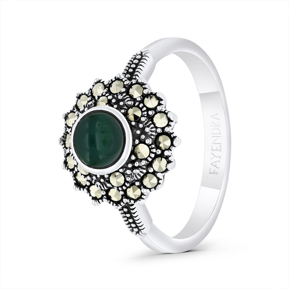 Sterling Silver 925 Ring Embedded With Natural Green Agate And Marcasite Stones