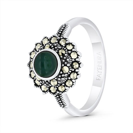 Sterling Silver 925 Ring Embedded With Natural Green Agate And Marcasite Stones