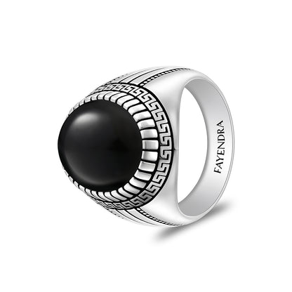 Sterling Silver 925 Ring Rhodium And Black Plated Embedded With Cabochon Natural Black Agate For Men