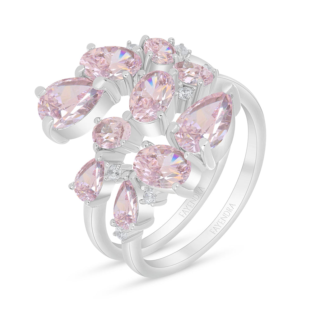 Sterling Silver 925 Ring Rhodium Plated Embedded With Pink Zircon And White Zircon