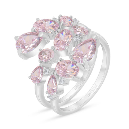 Sterling Silver 925 Ring Rhodium Plated Embedded With Pink Zircon And White Zircon