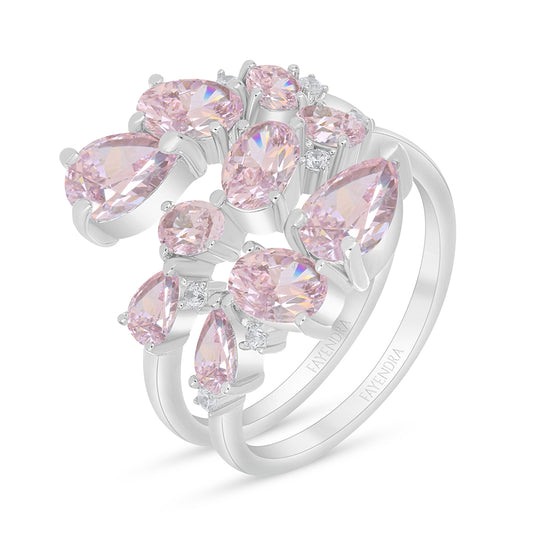 Sterling Silver 925 Ring Rhodium Plated Embedded With Pink Zircon And White Zircon