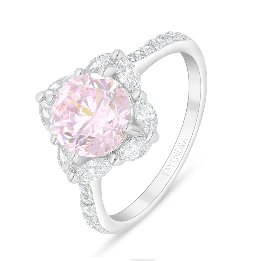 Sterling Silver 925 Ring Rhodium Plated Embedded With Pink Zircon And White Zircon