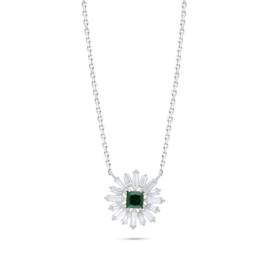 Sterling Silver 925 Necklace Rhodium Plated Embedded With Emerald Zircon And White Zircon