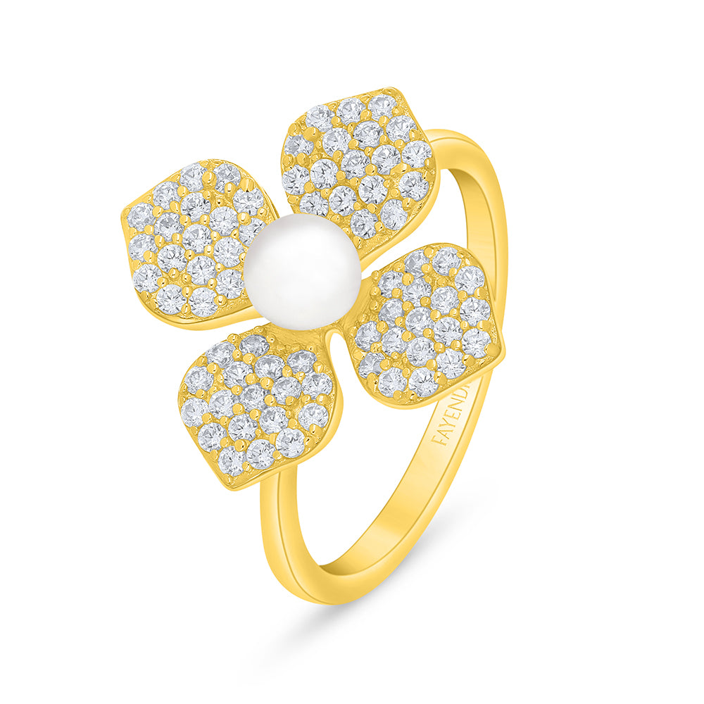 Sterling Silver 925 Ring Golden Plated Embedded With Natural White Pearl And White Zircon