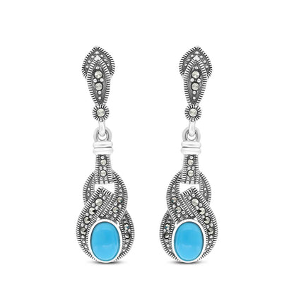 Sterling Silver 925 Earring Embedded With Natural Processed Turquoise And Marcasite Stones
