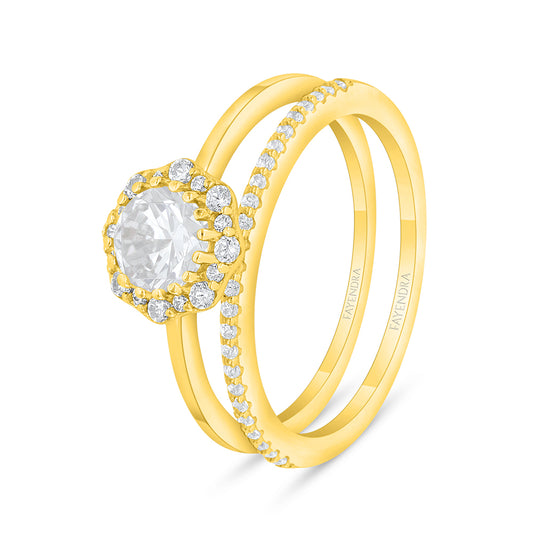 Sterling Silver 925 Ring (Twins) Golden Plated Embedded With White Zircon