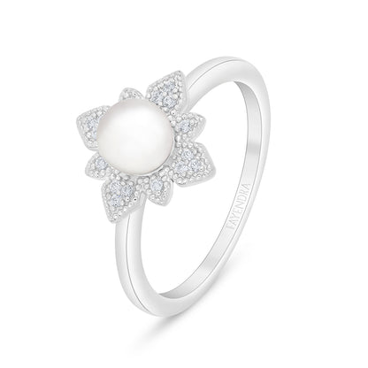 Sterling Silver 925 Ring Rhodium Plated Embedded With Natural White Pearl And White Zircon
