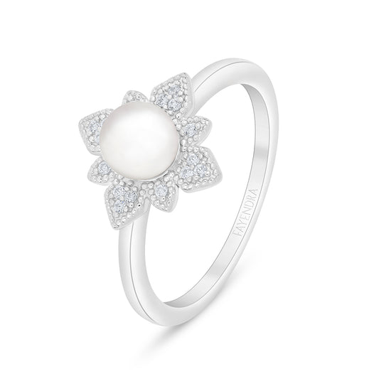 Sterling Silver 925 Ring Rhodium Plated Embedded With Natural White Pearl And White Zircon