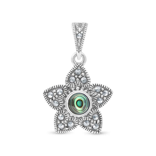 Sterling Silver 925 Pendant Embedded With Natural Blue Shell And Marcasite Stones