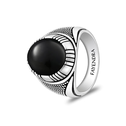 Sterling Silver 925 Ring Rhodium And Black Plated Embedded With Cabochon Natural Black Agate For Men