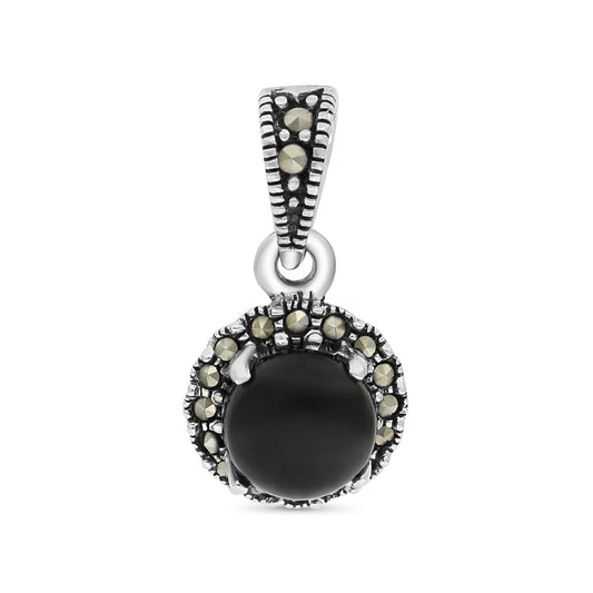 Sterling Silver 925 Pendant Embedded With Natural Black Agate And Marcasite Stones