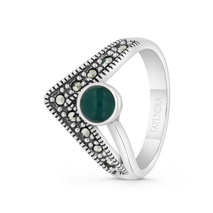 Sterling Silver 925 Ring Embedded With Natural Green Agate And Marcasite Stones