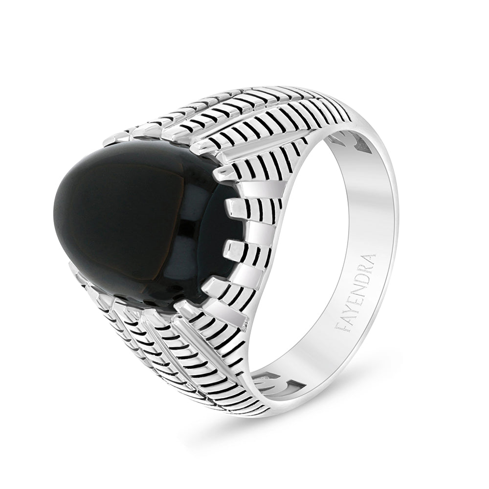 Sterling Silver 925 Ring Rhodium And Black Plated Embedded With Cabochon Black Agate For Men