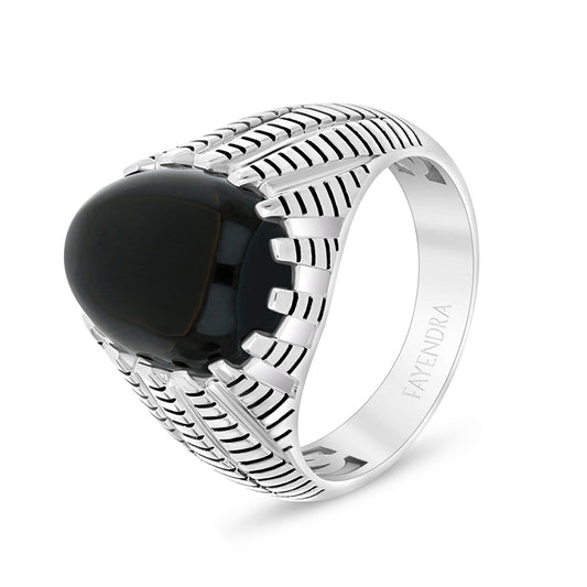 Sterling Silver 925 Ring Rhodium And Black Plated Embedded With Cabochon Black Agate For Men