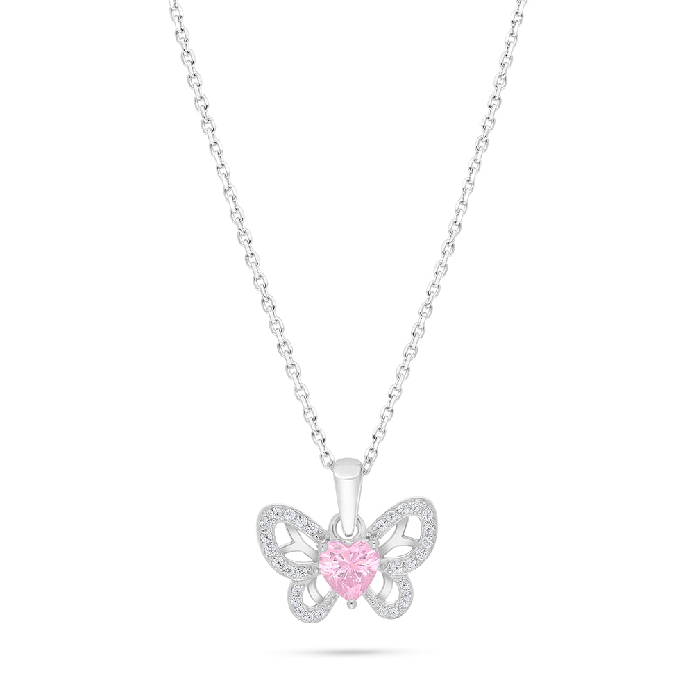Sterling Silver 925 Necklace Rhodium Plated Embedded With pink Zircon And White Zircon