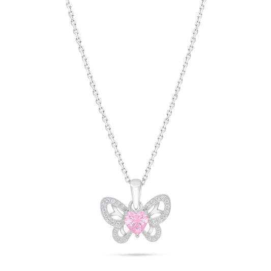 Sterling Silver 925 Necklace Rhodium Plated Embedded With pink Zircon And White Zircon