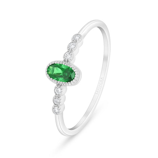 Sterling Silver 925 Ring Rhodium Plated Embedded With Emerald Zircon And White Zircon