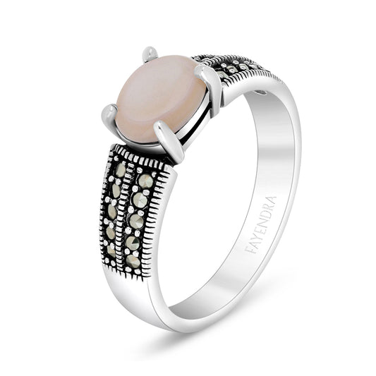 Sterling Silver 925 Ring Embedded With Natural Pink Shell And Marcasite Stones