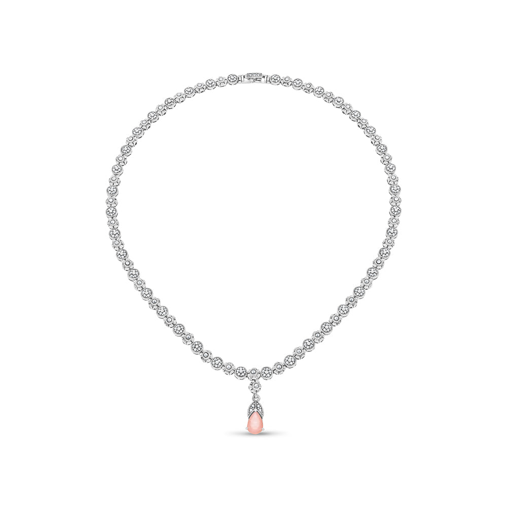Sterling Silver 925 Set Embedded With Natural Pink Shell And Marcasite Stones