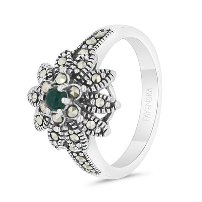 Sterling Silver 925 Ring Embedded With Natural Green Agate And Marcasite Stones